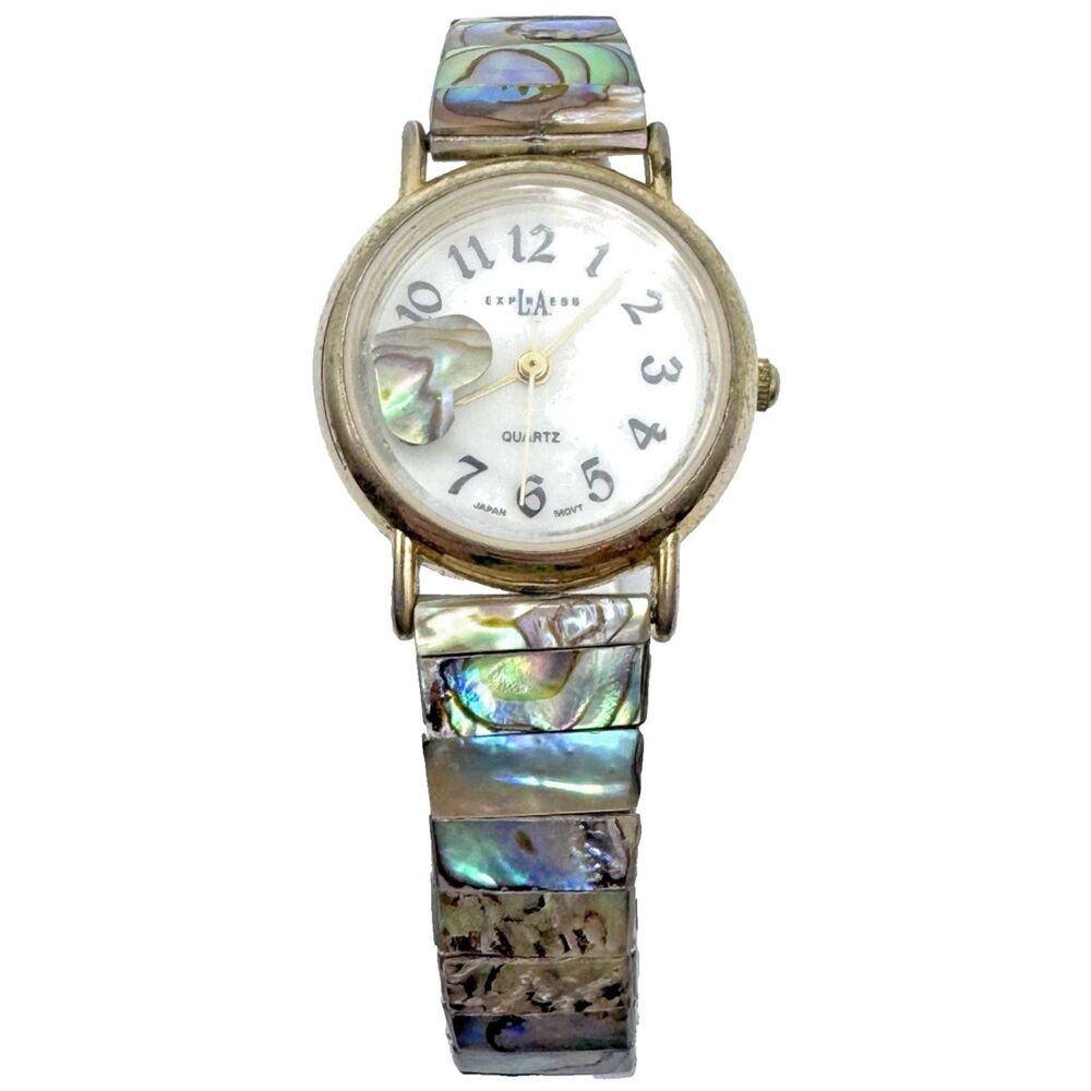 LA Express Watch Women's Gold Tone Abalone Heart Stainless Steel Strech Band
